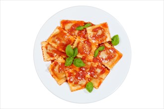 Ravioli Italian pasta exempt isolated eat lunch dish with plate in tomato sauce from above in Stuttgart