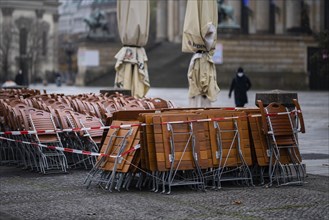 Assembled furniture for catering stands cordoned off at the Gendarmenmarkt in Berlin