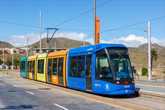 Modern tramway Alstom Citadis 302 Line L1 at Gracia stop Public transport in Tenerife