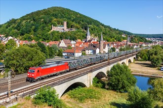 Goods train with military container cargo train of Deutsche Bahn DB in Gemuenden am Main