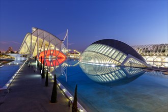 Ciutat de les Arts i les Ciencies modern architecture by Santiago Calatrava at night in Valencia