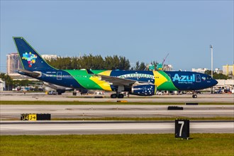 An Airbus A330-200 aircraft of Azul Linhas Aereas Brasileiras with the registration PR-AIV and the Nacao Azul special livery at Fort Lauderdale Airport