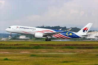 A Malaysia Airlines Airbus A350-900 aircraft with registration number 9M-MAF at Kuala Lumpur Airport