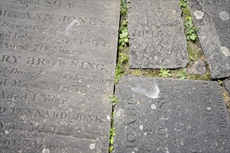 Old gravestones with inscriptions are used as stepping stones