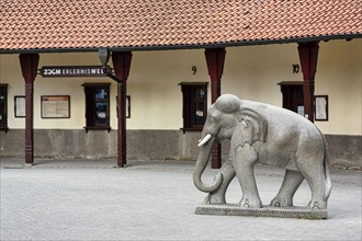 Sculpture elephant in front of the old ticket booths at the entrance