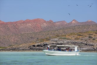 Tourist boat sailing along the rocky coastline of Isla Espiritu Santo