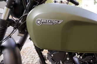Logo on the tank of a Brixton motorbike from England with 125 hp