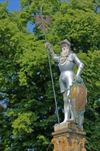 Hop fountain built 1573 and knight figure with lance and shield