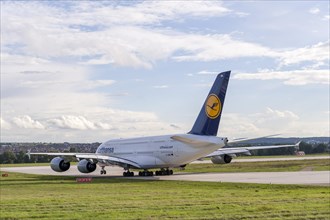 Lufthansa Airbus A 380-800 in front of take-off on the tarmac