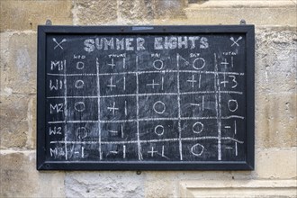 Chalk-lettered board with symbols and pictograms for the Eights Week rowing regatta