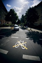 The pictogram for a cycle path in Ollenhauerstrasse in Berlin Reinickendorf has been crossed with a yellow marking. The new transport administration in Berlin has stopped several cycle path projects i...