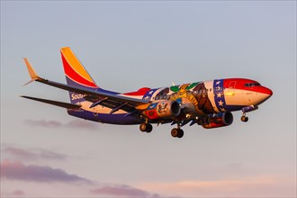 A Southwest Airlines Boeing 737-700 aircraft with registration N280WN and Missouri One special livery at Dallas Love Field