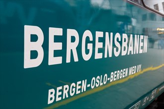 Inscription on the train of the Bergen Railway Bergensbanen at Bergen station