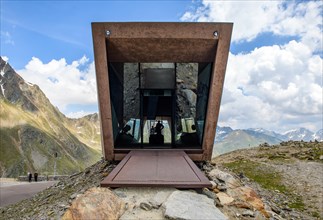 View of the entrance of the pass museum Timmelsjoch-Passmuseum on the pass height of 2509 metres high Timmelsjoch Passo Rombo on Austrian territory and Italian territory