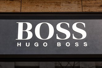 Hugo Boss brand shop with logo retail on Koenigstrasse in Stuttgart