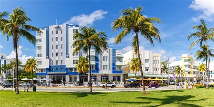 Ocean Drive with Art Deco Style Hotels Architecture Panorama in Miami Beach