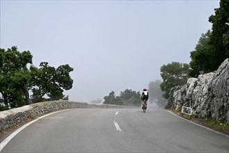 Road cyclist on the Ma10 road in the Tramuntana mountains