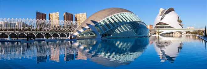 Ciutat de les Arts i les Ciencies modern architecture by Santiago Calatrava panorama in Valencia