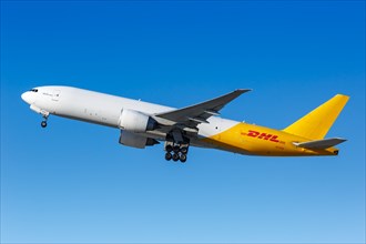 A DHL Polar Air Cargo Boeing 777-F aircraft with registration number N775SA at Los Angeles Airport