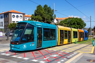 Modern tramway Alstom Citadis 302 line L1 at Padre Anchieta stop Public transport Tenerife