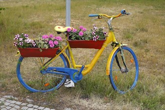 Colourful bicycle decorated with flowers and flower boxes