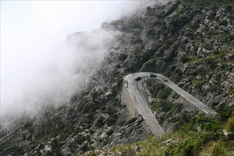The winding road from Sa Calobra to Coll dels Reis in the Tramuntana Mountains