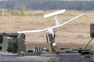 Reconnaissance drone Aladin on a Fennek reconnaissance vehicle during exercise GRIFFIN STORM in Pabrade. Pabrade