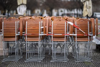 Assembled furniture for catering stands cordoned off at the Gendarmenmarkt in Berlin