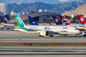 A Boeing 787-9 Dreamliner aircraft of ANA All Nippon Airways with registration number JA871A and SAF Flight Initiative special livery at Los Angeles Airport