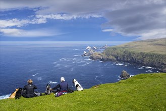 Birdwatchers with dogs watching coastline with sea cliffs and stacks