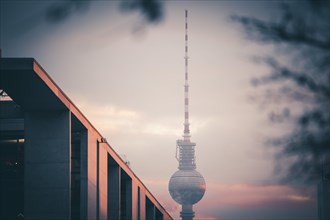 The Berlin TV Tower at sunrise in Berlin. 08.12.2020.