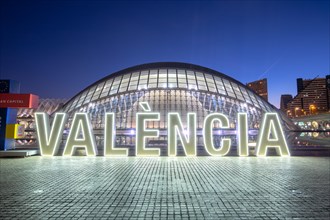 Ciutat de les Arts i les Ciencies with Hemisferic building modern architecture by Santiago Calatrava at night in Valencia