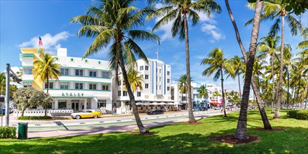 Ocean Drive with Art Deco style hotels architecture panorama in Miami Beach