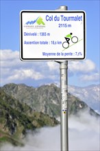 Sign telling angle of inclination for cyclists cycling the Col du Tourmalet in the Pyrenees