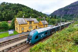Stadler FLIRT train Regional train of VY Vossebane on the Bergen Railway near Bolstadoyri
