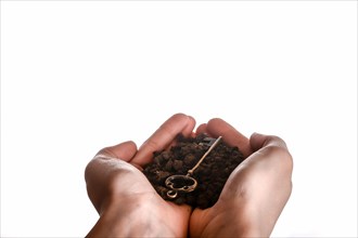 Golden key in handful soil in hand on an isolated background