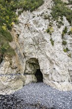 Cave entrance in the chalk cliff on the coast of St Margaret's at Cliffe