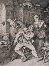 A surgeon applying a probe to the arm of a screaming patient. Etching by C Dusart