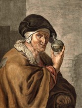 Old woman with a urine jar in which she has collected urine for the doctor