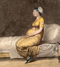 Caricature of a Pregnant Woman Sitting on the Edge of a Bed