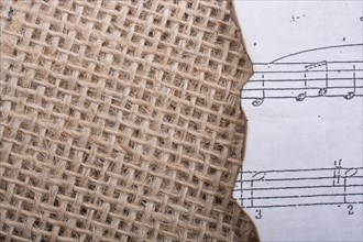 Musical notes on paper placed on a linen canvas