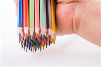 Hand holding Color pencils on a white background