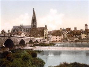 Stone Bridge over the Danube and Cathedral of Regensburg