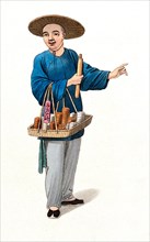A Chinese apothecary carrying a basket of various remedies