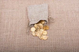 Fake gold coins out of a little sack on canvas