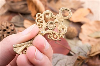 Hand holding a retro styled golden color decorative key