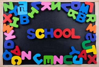 Colorful Letters of Alphabet made of wood and school wording