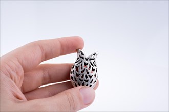 Hand holding a tulip model on a white background