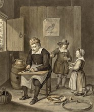Interior with a man cleaning fish and two children are with in the room