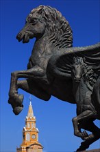 Puerta del Reloj Tower and Horse Statue Monumento a los Pagasos